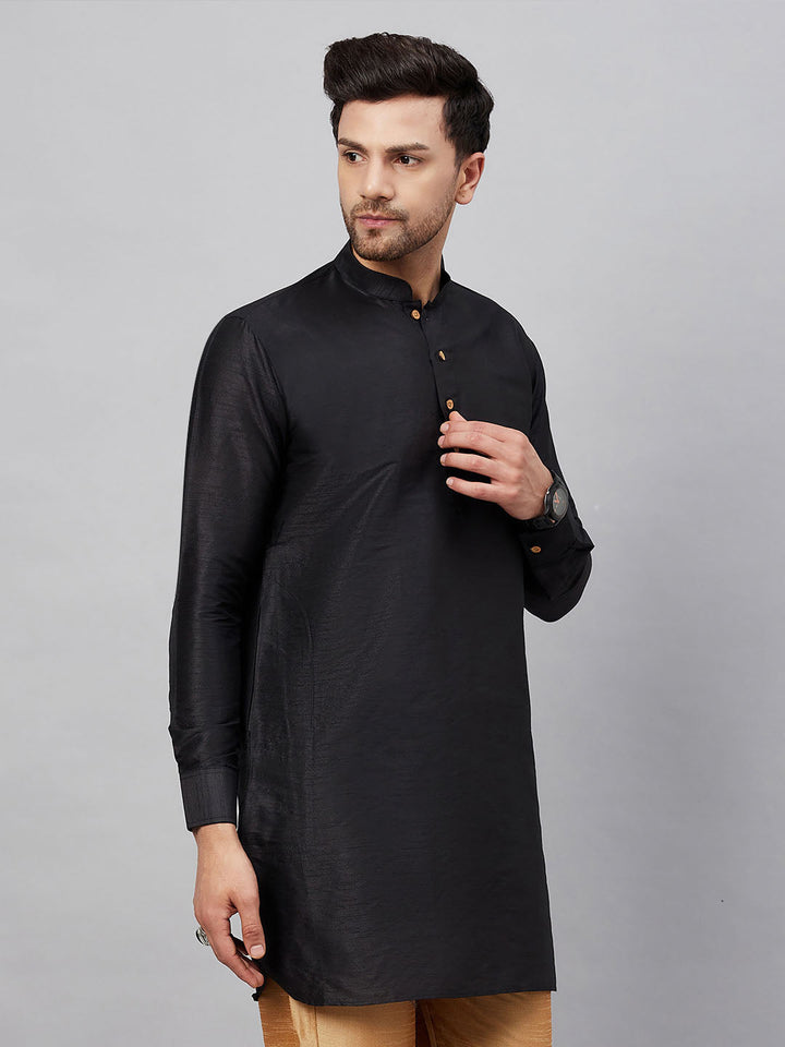 Men's Black Silk Blend Curved Kurta