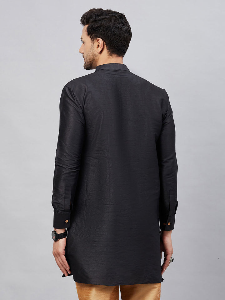 Men's Black Silk Blend Curved Kurta