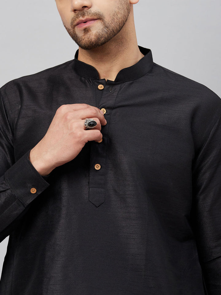 Men's Black Silk Blend Curved Kurta