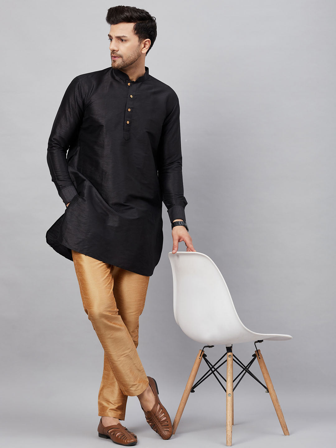 Men's Black Silk Blend Curved Kurta