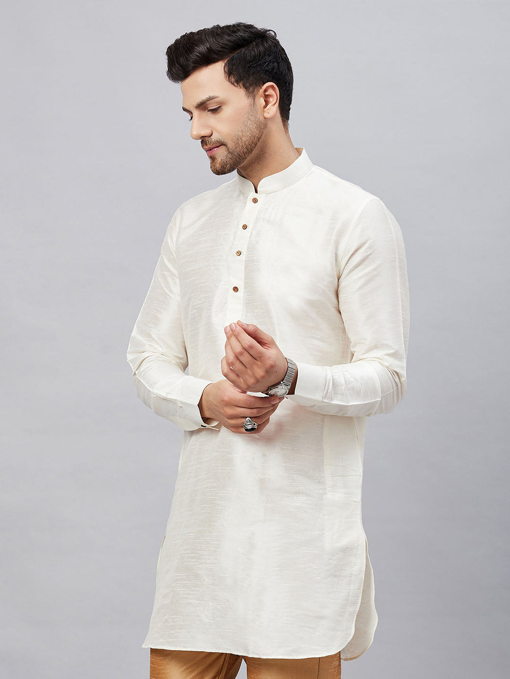 Men's Cream Silk Blend Curved Kurta