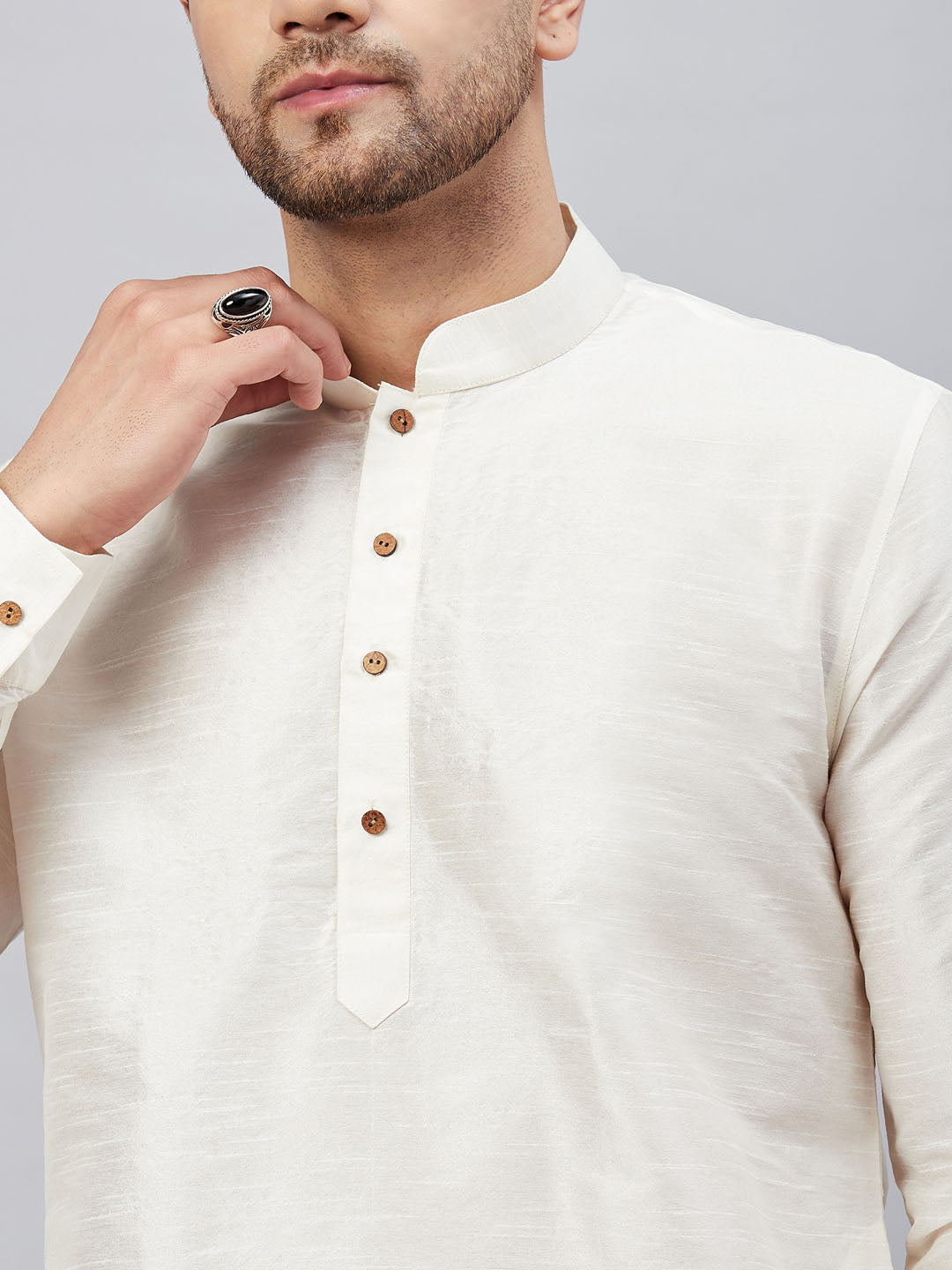 Men's Cream Silk Blend Curved Kurta