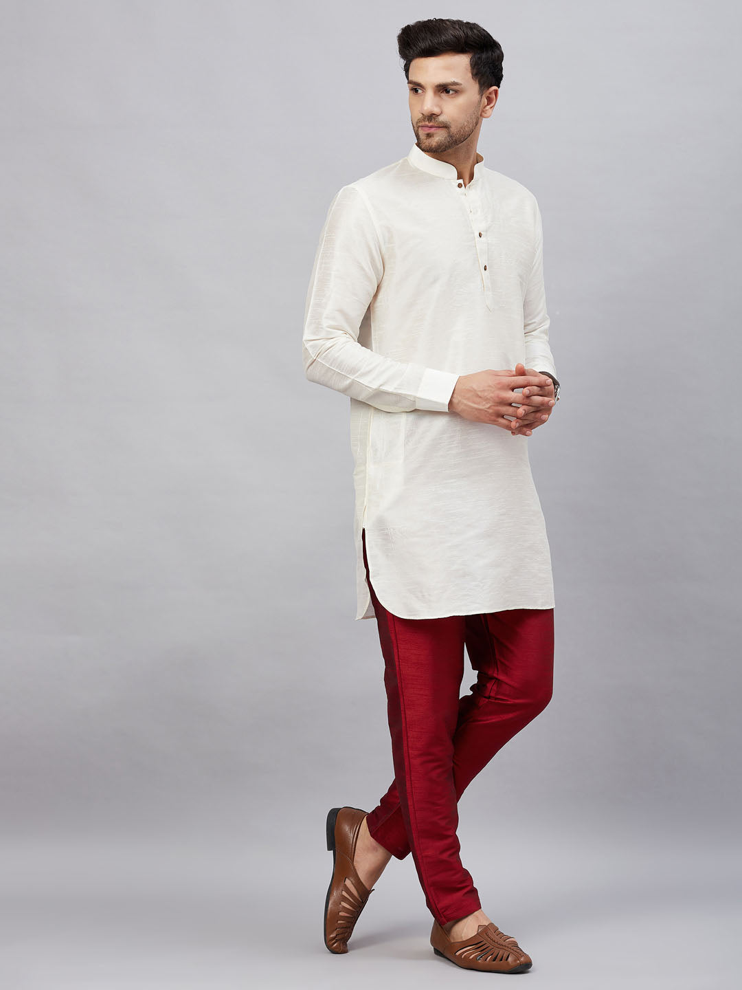 Sarvati Men's Cream Silk Blend Curved Kurta Pant Set