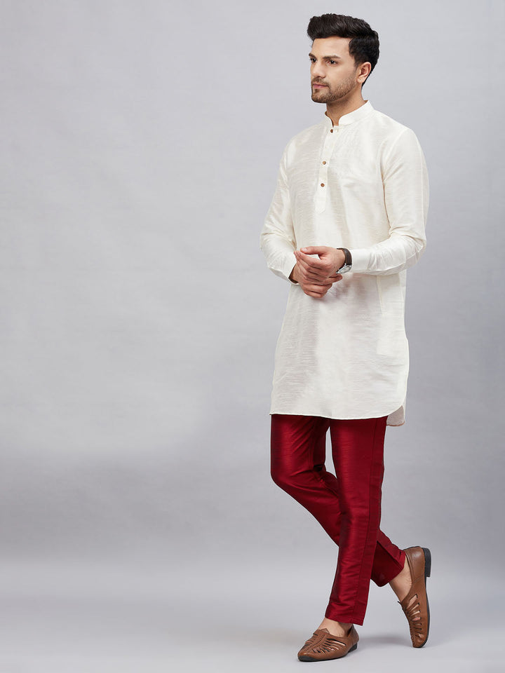 Sarvati Men's Cream Silk Blend Curved Kurta Pant Set