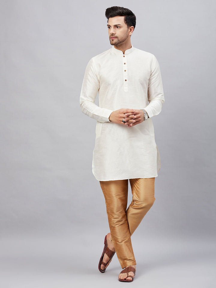 Sarvati Men's Cream Silk Blend Curved Kurta Pant Set