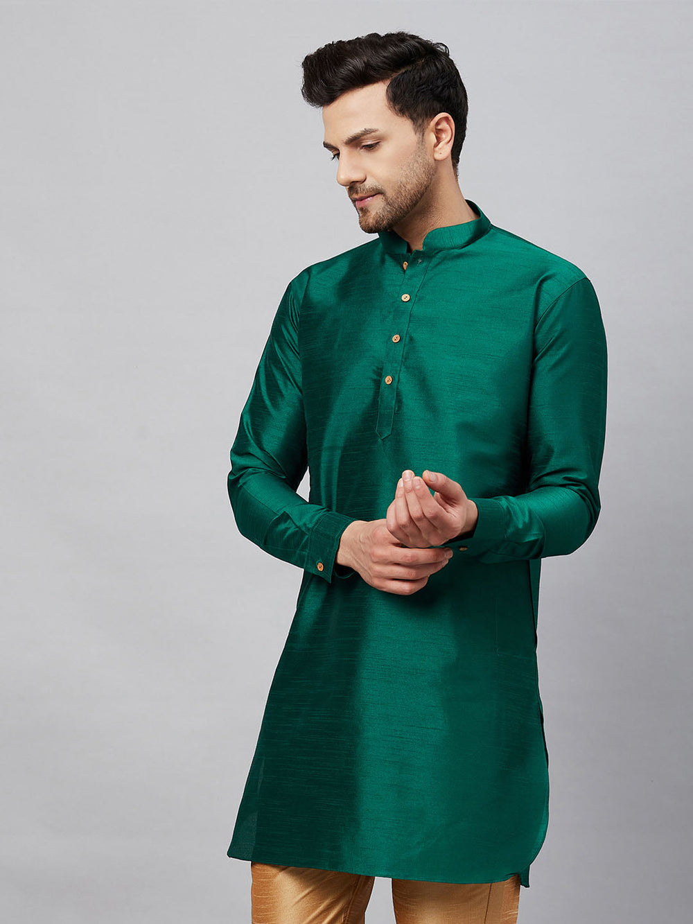 Men's Green Silk Blend Curved Kurta