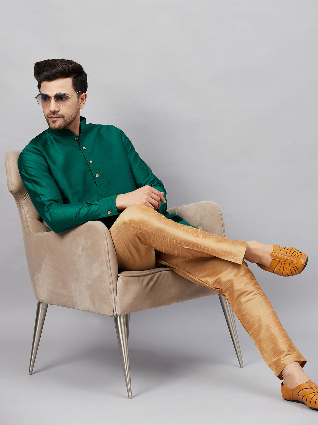 Men's Green Silk Blend Curved Kurta