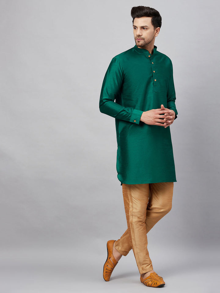 Sarvati Men's Green Silk Blend Curved Kurta Pant Set