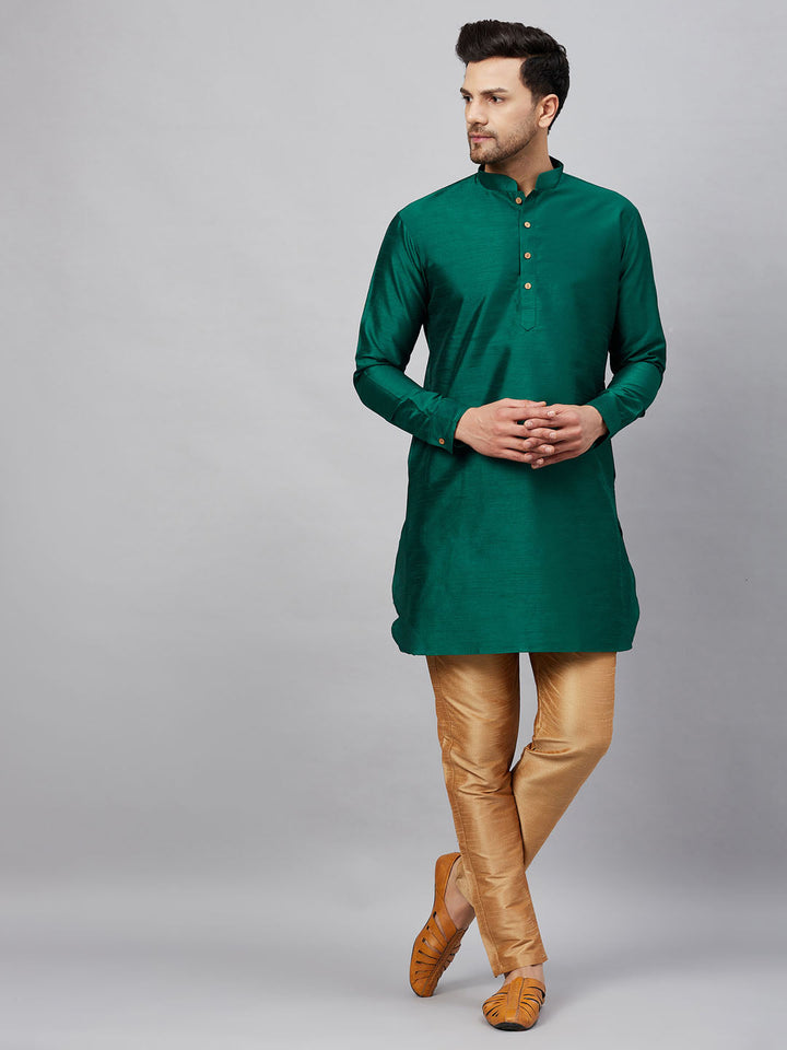 Sarvati Men's Green Silk Blend Curved Kurta Pant Set