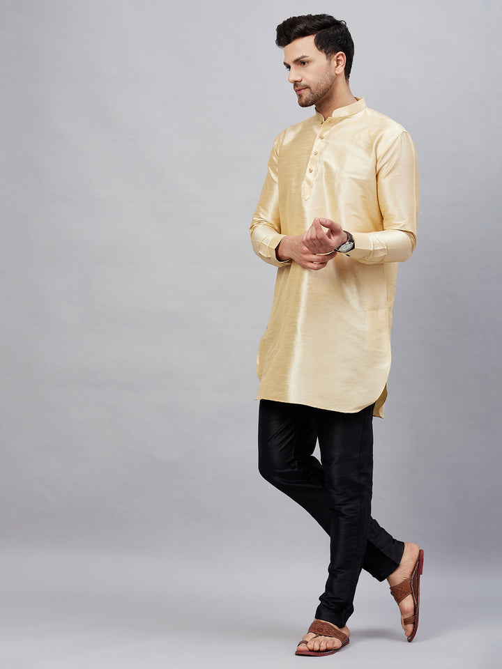 Sarvati Men's Gold Silk Blend Curved Kurta Pant Set