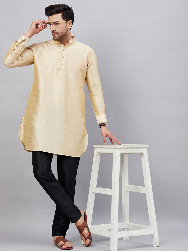 Sarvati Men's Gold Silk Blend Curved Kurta Pant Set