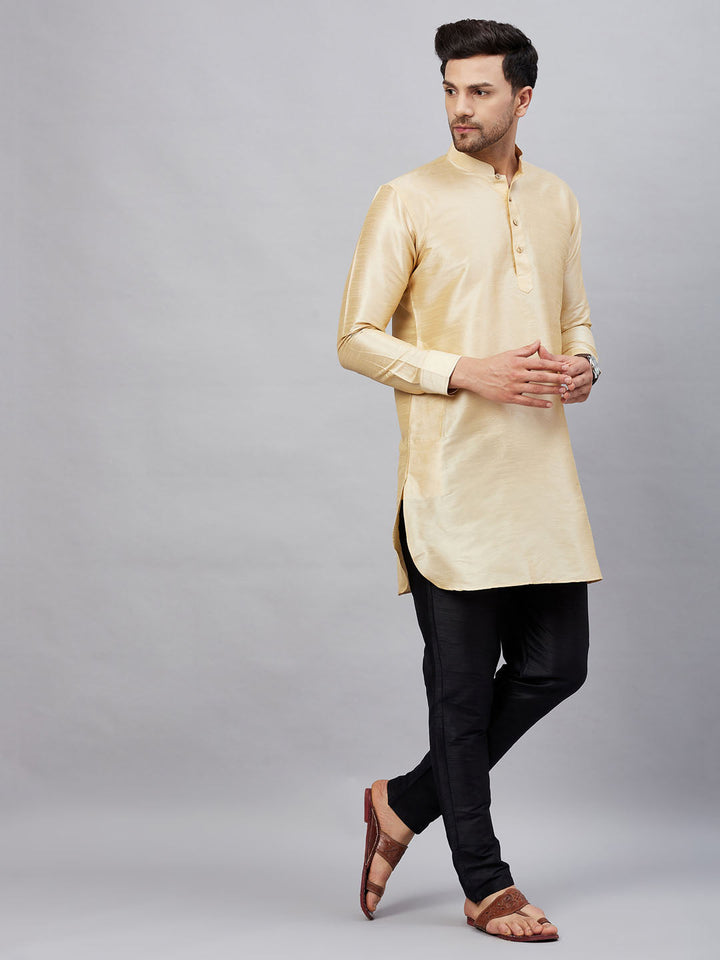 Sarvati Men's Gold Silk Blend Curved Kurta Pant Set