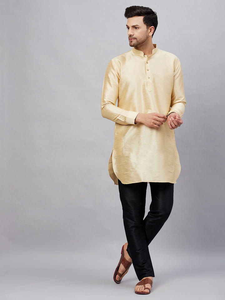 Sarvati Men's Gold Silk Blend Curved Kurta Pant Set