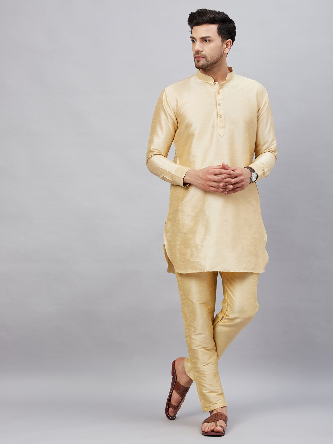 Sarvati Men's Gold Silk Blend Curved Kurta Pant Set