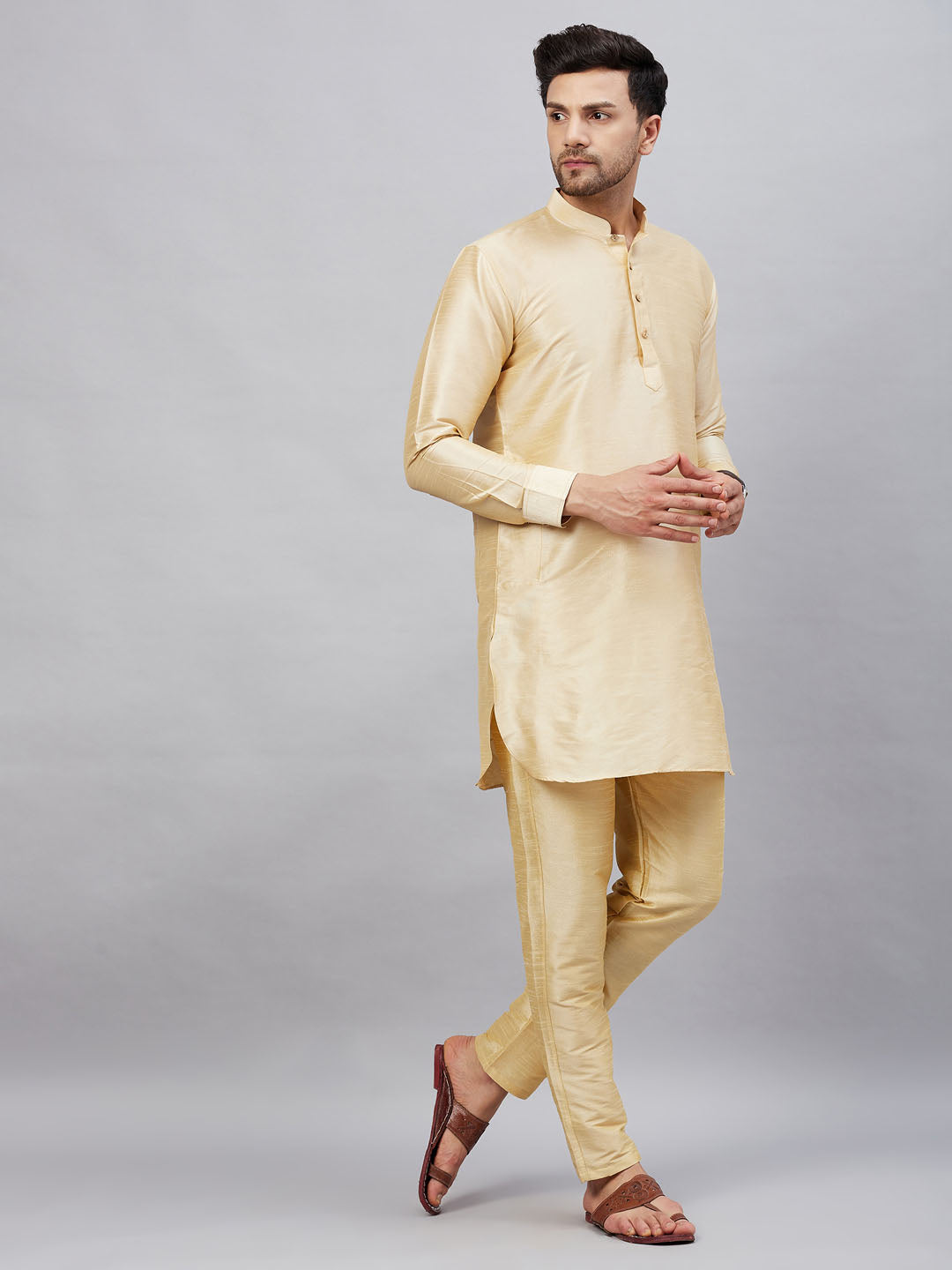 Sarvati Men's Gold Silk Blend Curved Kurta Pant Set