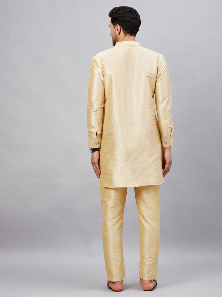 Sarvati Men's Gold Silk Blend Curved Kurta Pant Set