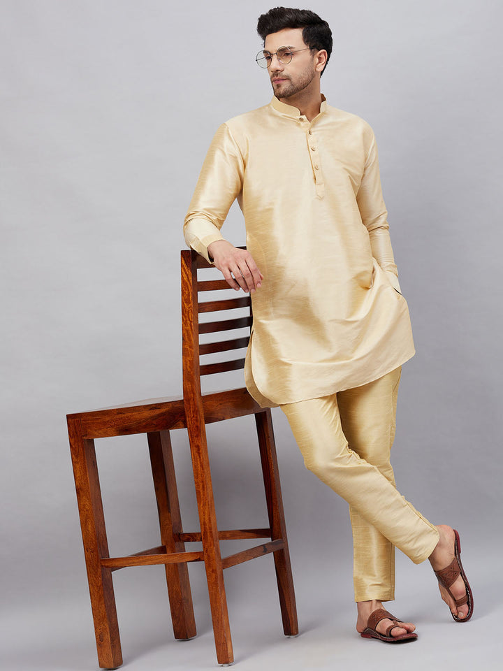 Sarvati Men's Gold Silk Blend Curved Kurta Pant Set