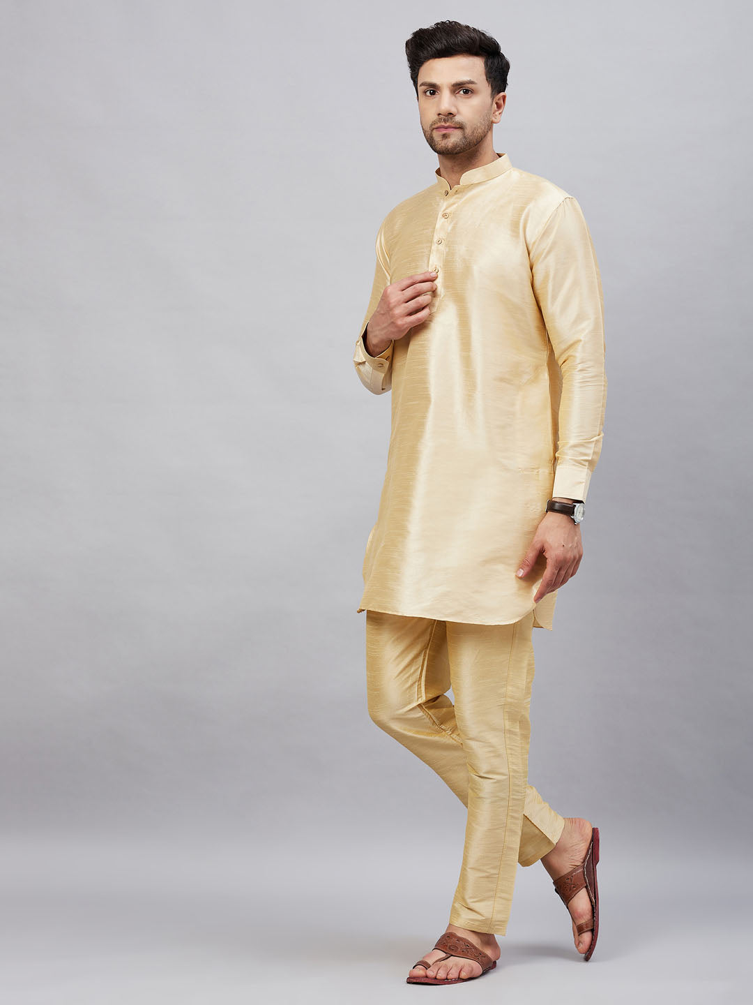 Sarvati Men's Gold Silk Blend Curved Kurta Pant Set