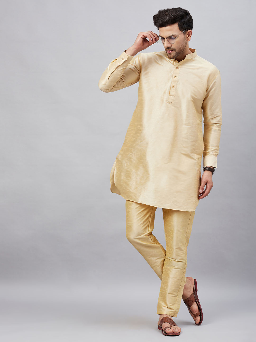 Sarvati Men's Gold Silk Blend Curved Kurta Pant Set