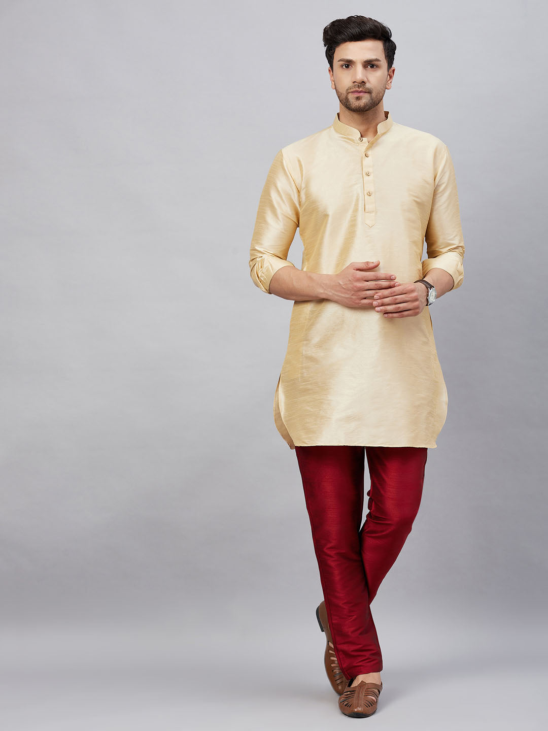 Sarvati Men's Gold Silk Blend Curved Kurta Pant Set