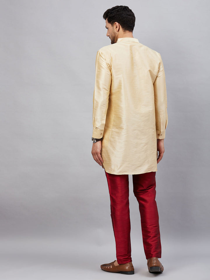 Sarvati Men's Gold Silk Blend Curved Kurta Pant Set