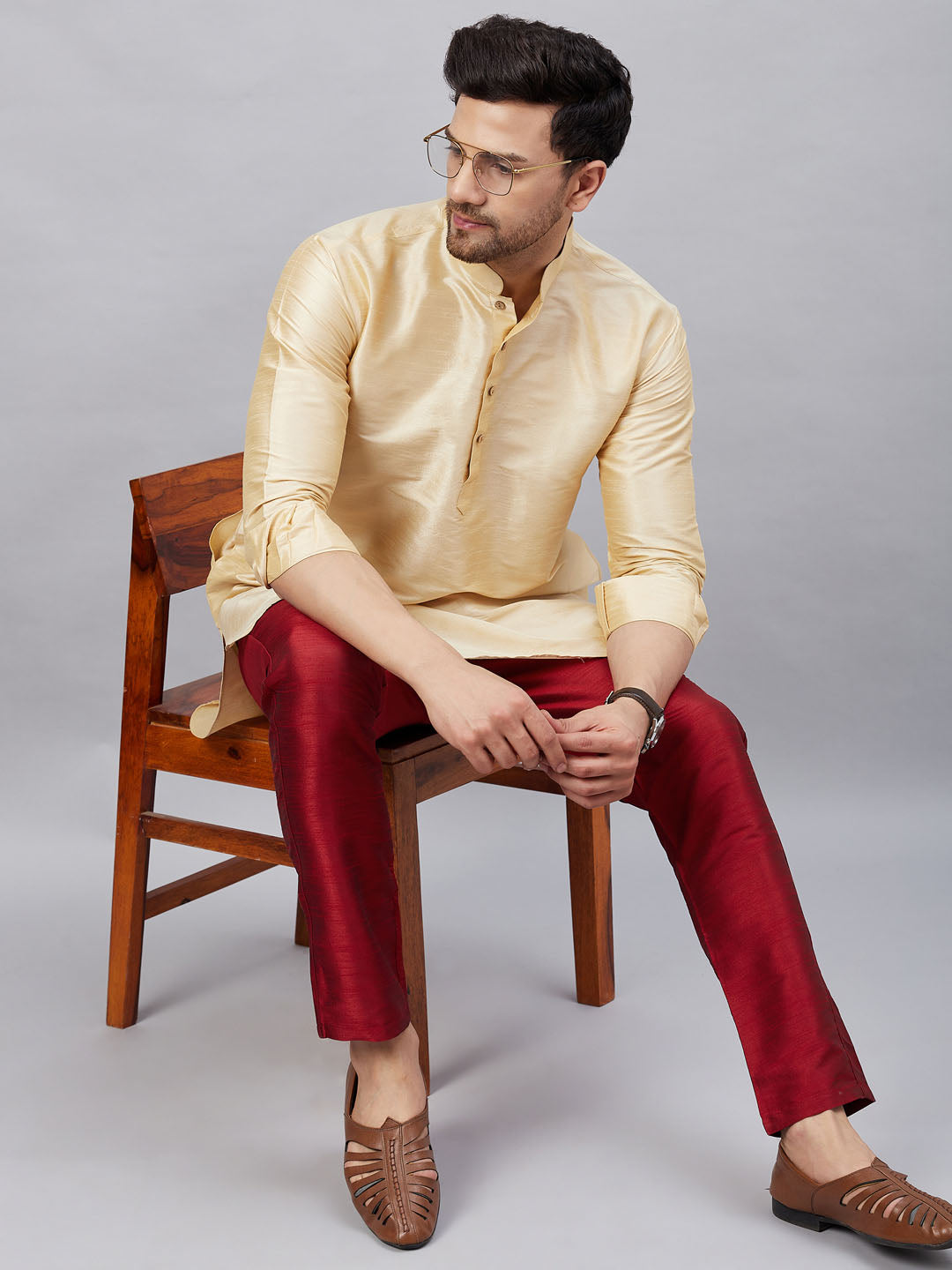 Sarvati Men's Gold Silk Blend Curved Kurta Pant Set