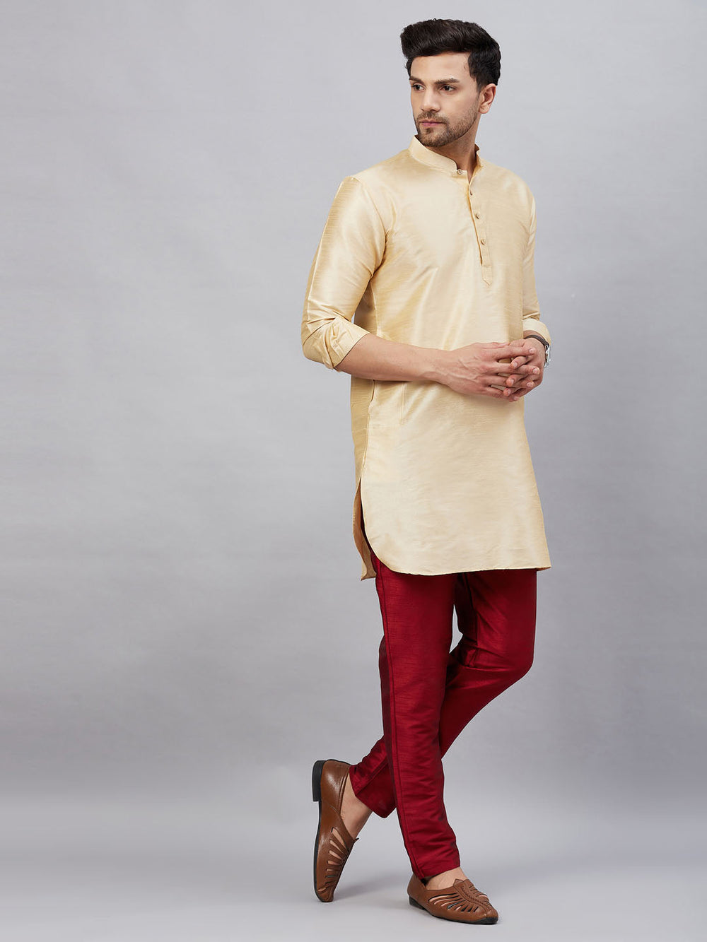 Sarvati Men's Gold Silk Blend Curved Kurta Pant Set