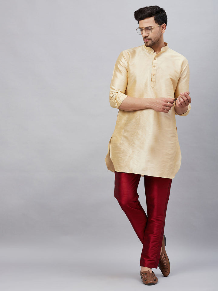 Sarvati Men's Gold Silk Blend Curved Kurta Pant Set