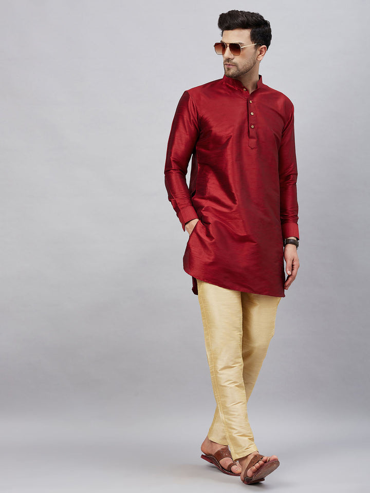 Sarvati Men's Maroon Silk Blend Curved Kurta Pant Set