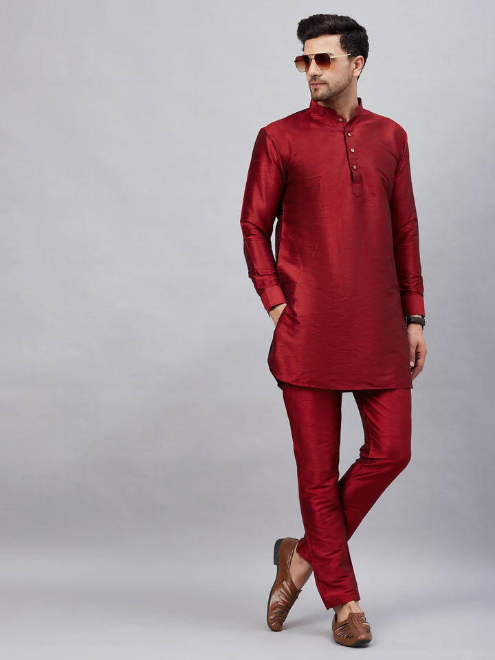 Sarvati Men's Maroon Silk Blend Curved Kurta Pant Set