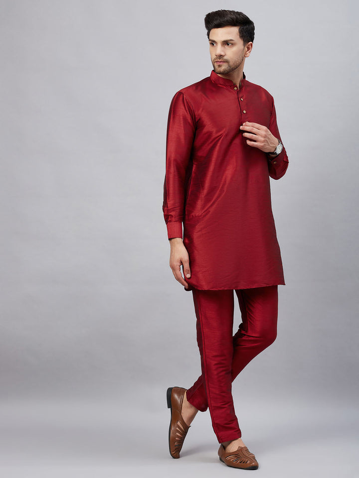 Sarvati Men's Maroon Silk Blend Curved Kurta Pant Set