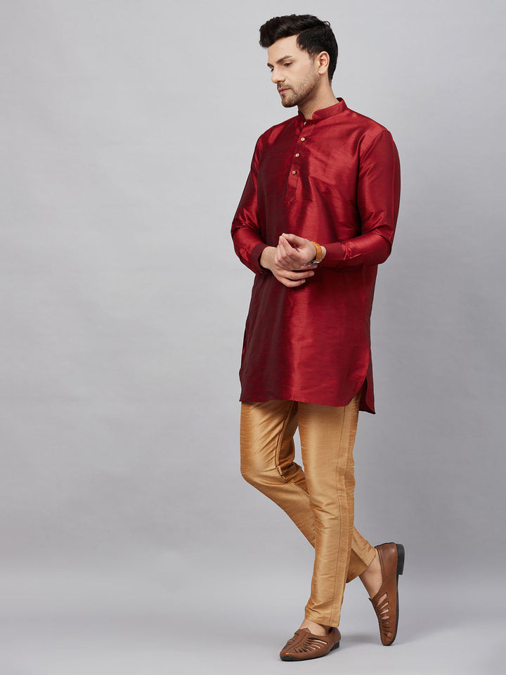 Sarvati Men's Maroon Silk Blend Curved Kurta Pant Set