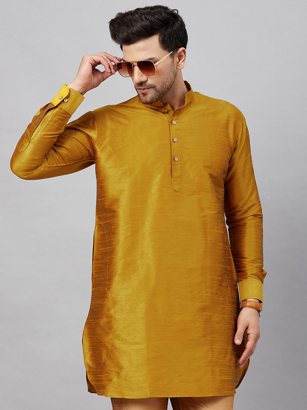 Men's Yellow Silk Blend Curved Kurta