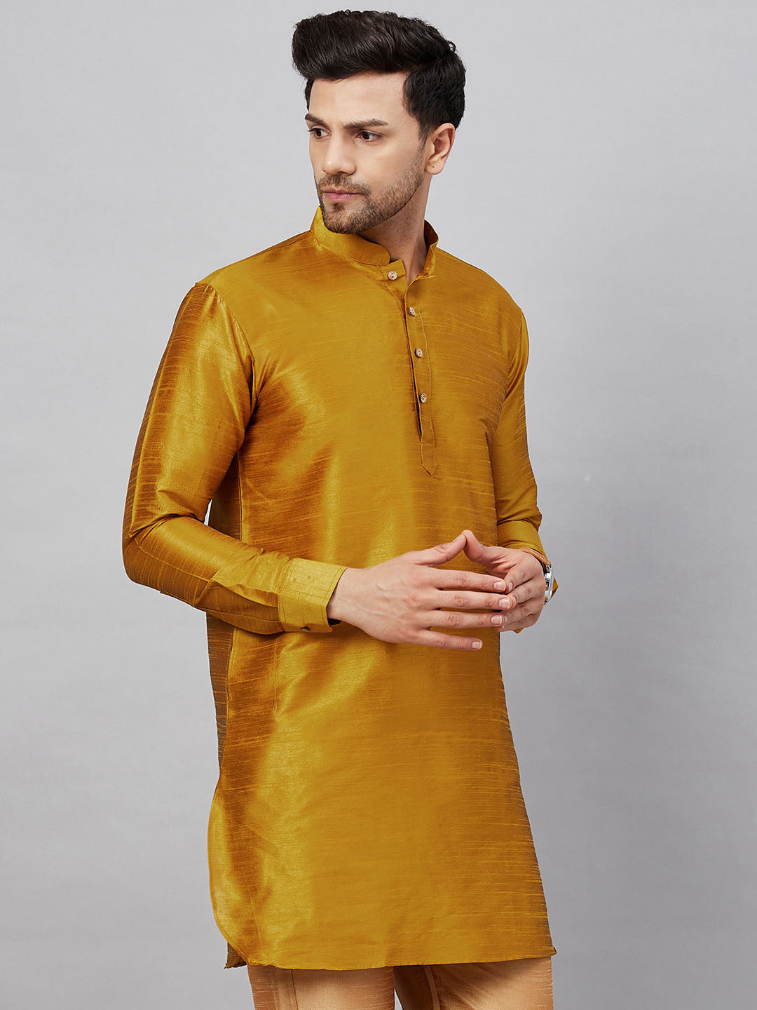 Men's Yellow Silk Blend Curved Kurta