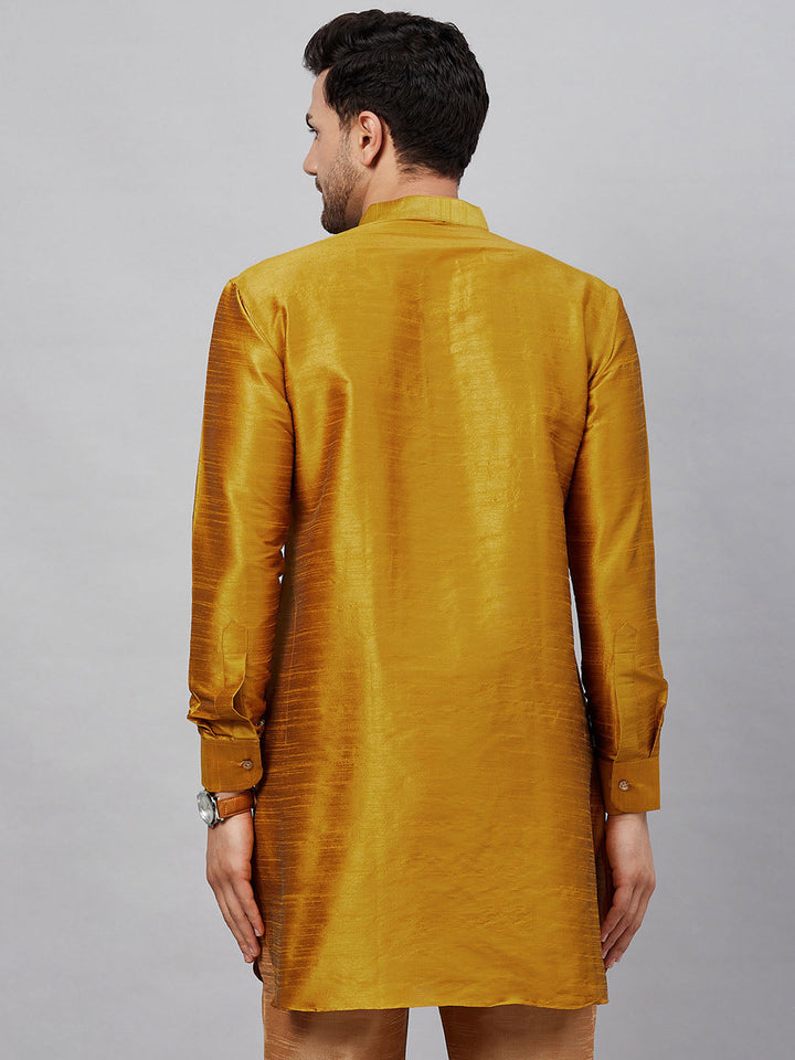 Men's Yellow Silk Blend Curved Kurta