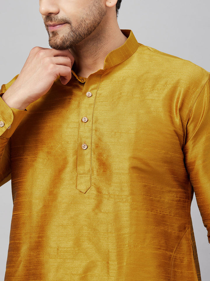 Men's Yellow Silk Blend Curved Kurta