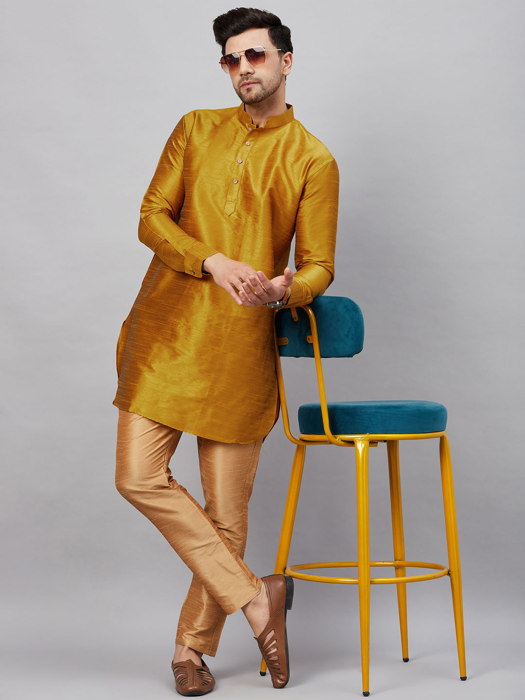 Men's Yellow Silk Blend Curved Kurta