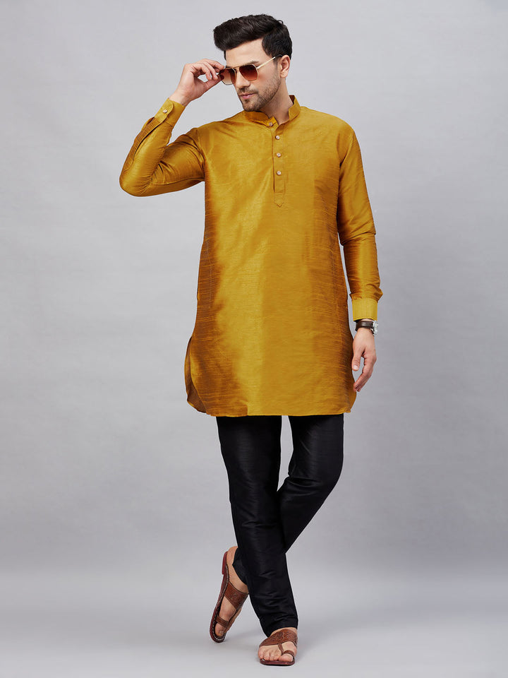 Sarvati Men's Mustard Silk Blend Curved Kurta Pant Set