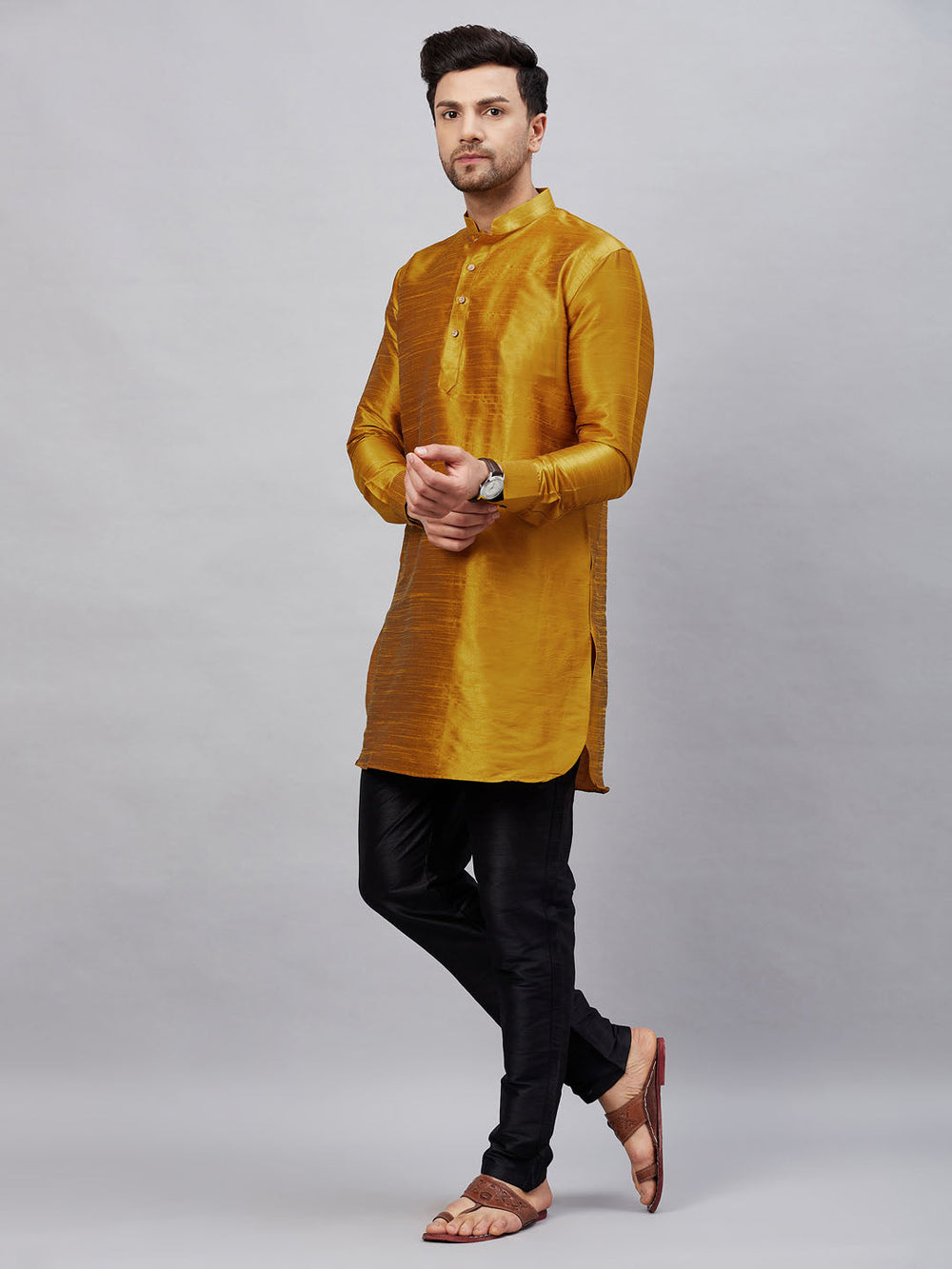 Sarvati Men's Mustard Silk Blend Curved Kurta Pant Set