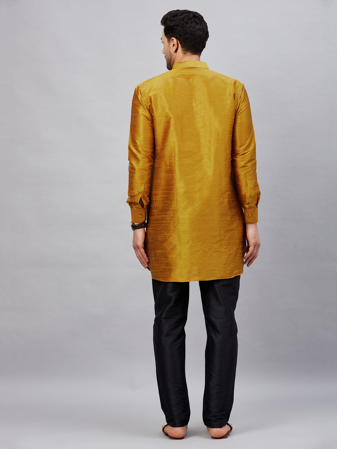 Sarvati Men's Mustard Silk Blend Curved Kurta Pant Set