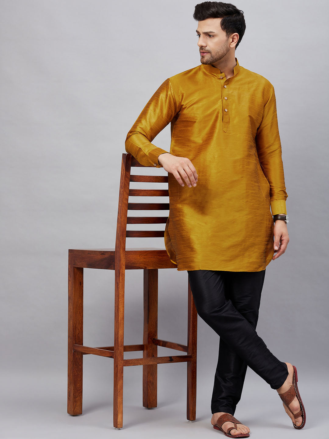 Sarvati Men's Mustard Silk Blend Curved Kurta Pant Set