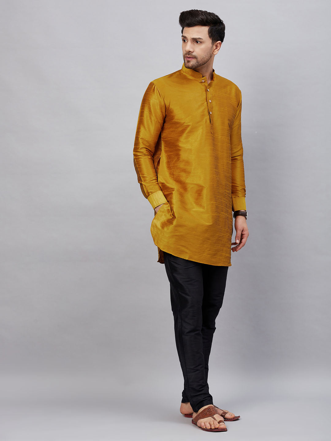 Sarvati Men's Mustard Silk Blend Curved Kurta Pant Set