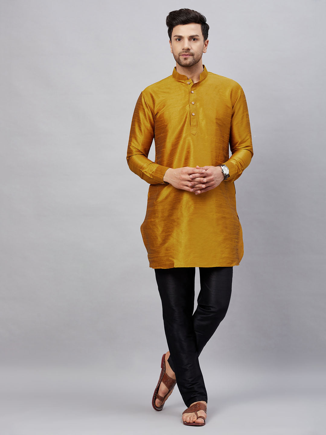 Sarvati Men's Mustard Silk Blend Curved Kurta Pant Set