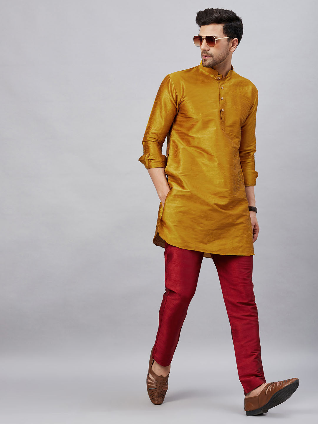 Sarvati Men's Mustard Silk Blend Curved Kurta Pant Set