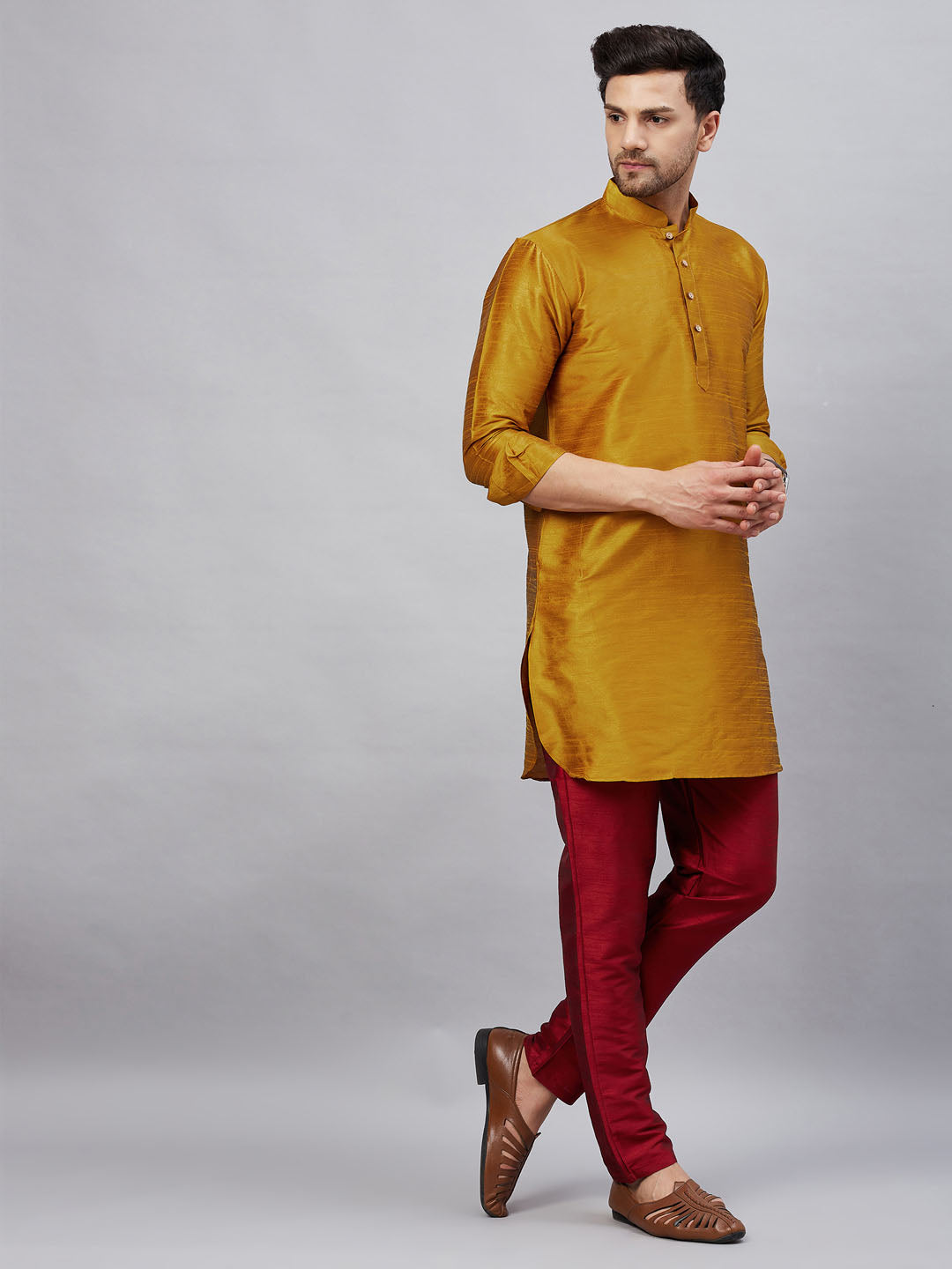 Sarvati Men's Mustard Silk Blend Curved Kurta Pant Set