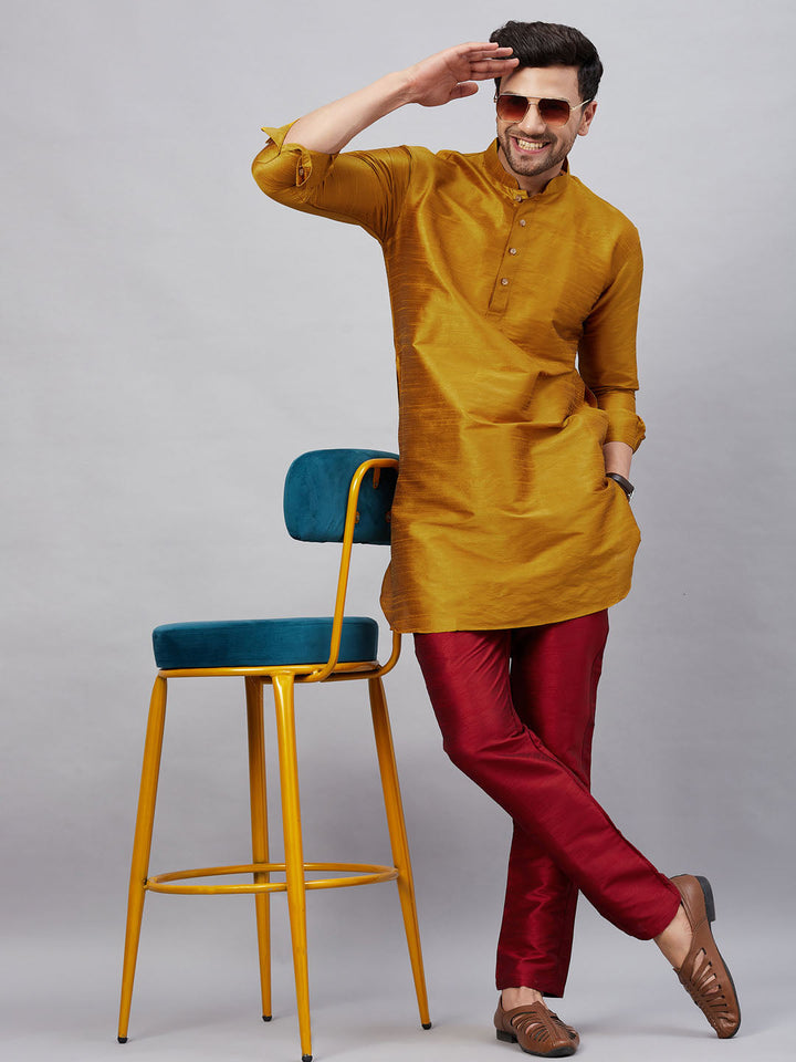 Sarvati Men's Mustard Silk Blend Curved Kurta Pant Set