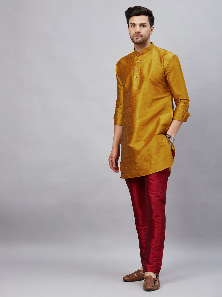 Sarvati Men's Mustard Silk Blend Curved Kurta Pant Set