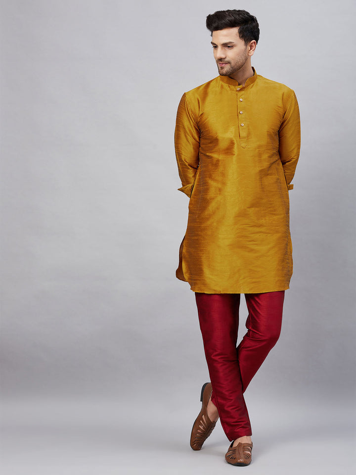 Sarvati Men's Mustard Silk Blend Curved Kurta Pant Set