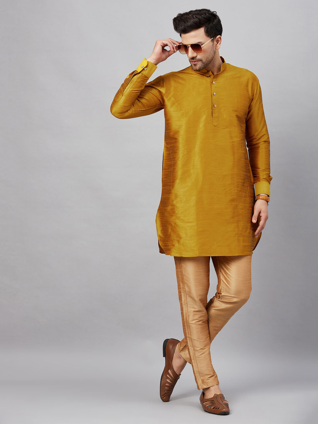 Sarvati Men's Mustard Silk Blend Curved Kurta Pant Set