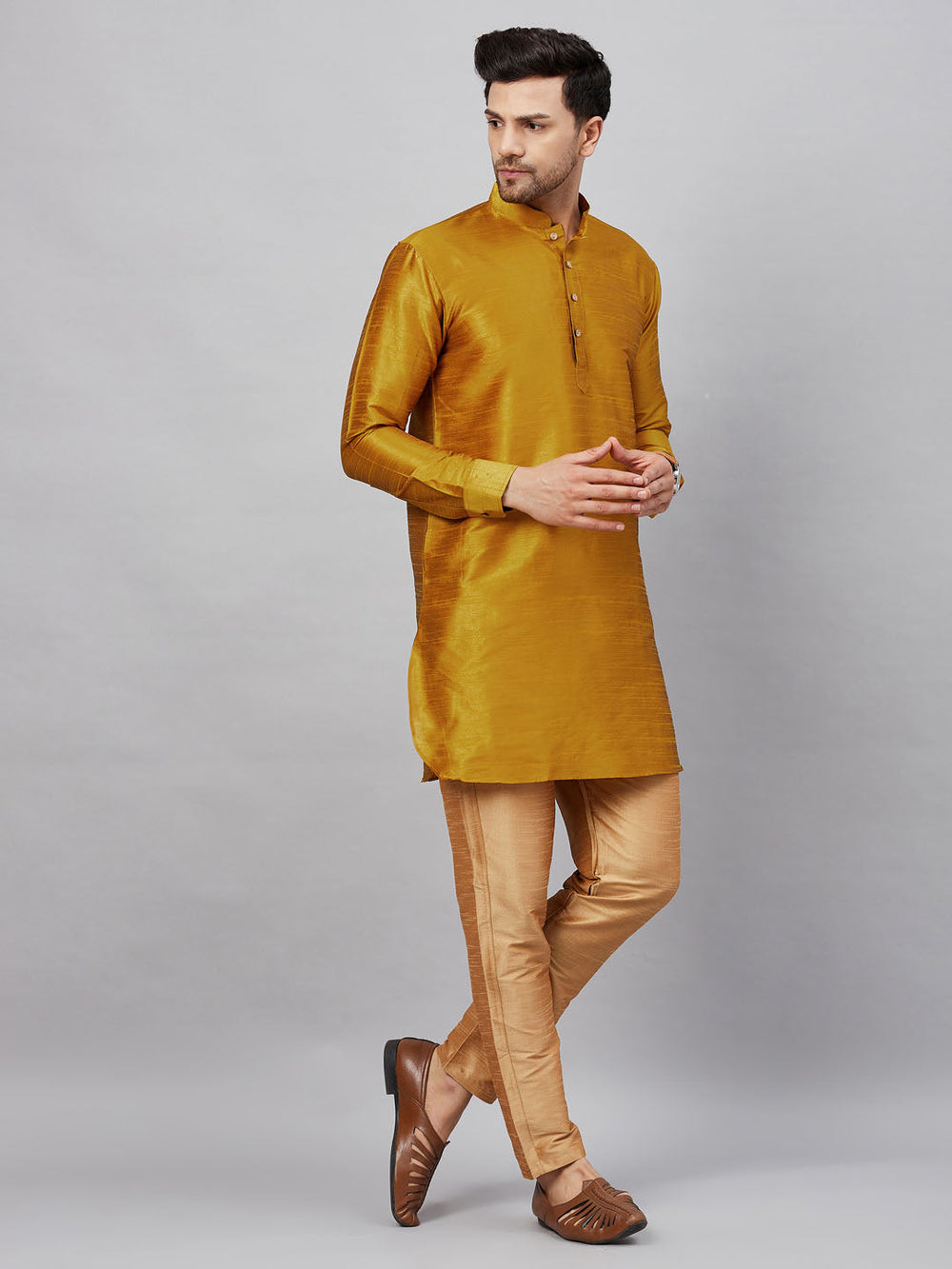 Sarvati Men's Mustard Silk Blend Curved Kurta Pant Set